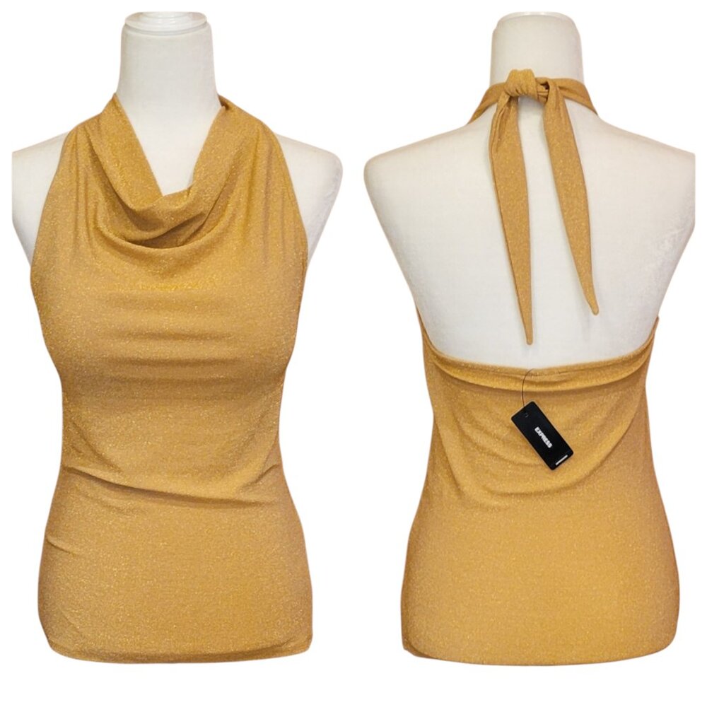 Express Gold Metallic Shimmery Tie Back Stretchy Halter Top Cowl Neckline NEW